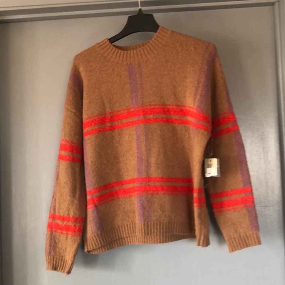 RD Style Womens Pullover Tan Striped Long Sleeve Sweater Sz M Crew Neck